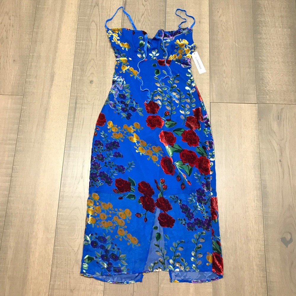 Commense Dress Womens Size XS Blue Velvet Floral Appliqué Cami Milkmaid Midi NEW